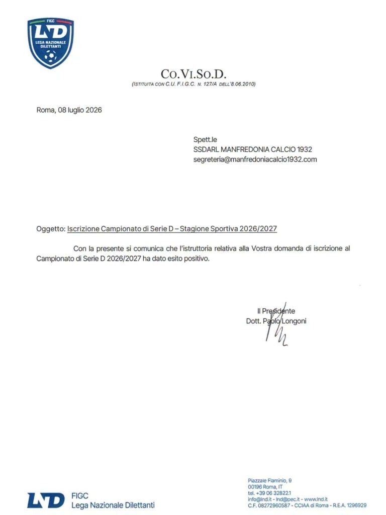 Il Manfredonia Calcio 1932 comunica con soddisfazione di aver ricevuto in data odierna dalla Co.Vi.So.D. l’esito positivo dell’istruttoria relativa alla domanda di iscrizione al Campionato Nazionale di Serie D 2026/2027